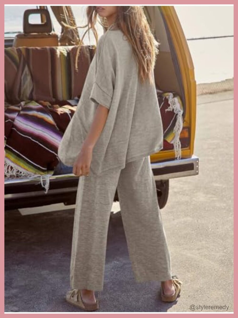 2 Piece Lounge Set Knit Tracksuit Wide Leg Pants Short Sleeve - Picture 2 of 6